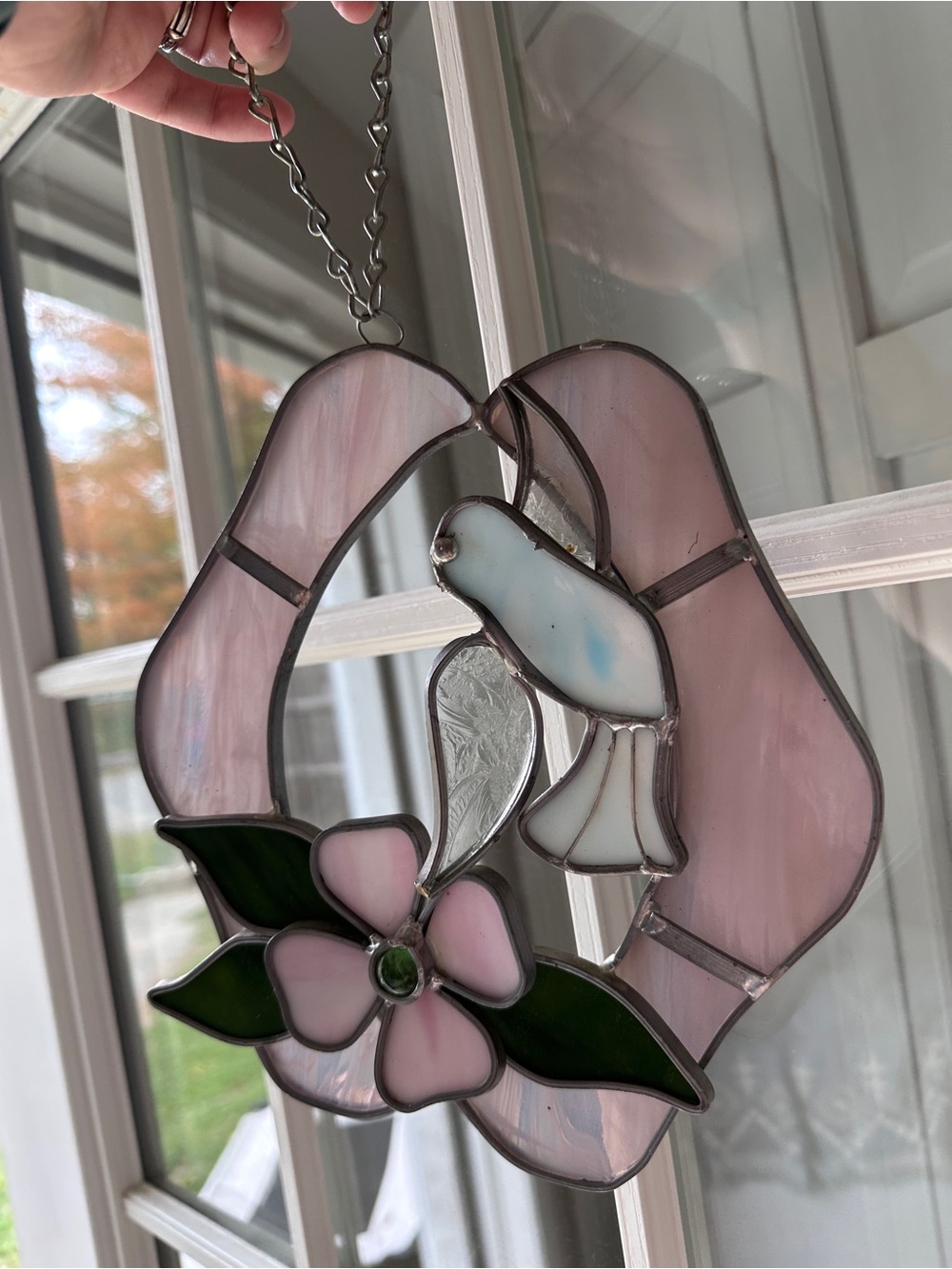 Pink Stained Glass Dove Suncatcher with Flower